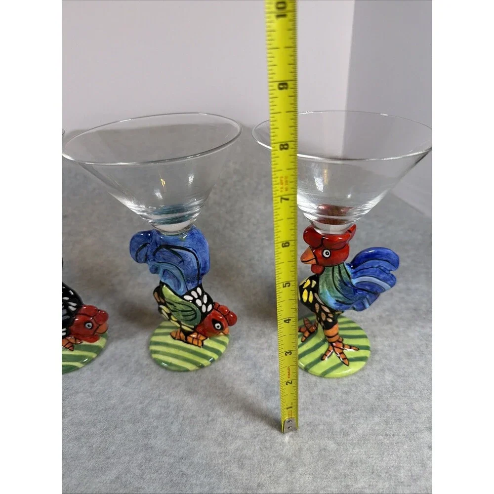 Vintage Nicole Engblom Hand Painted Rooster Martini Cocktail Glass Set Of 4 Rare